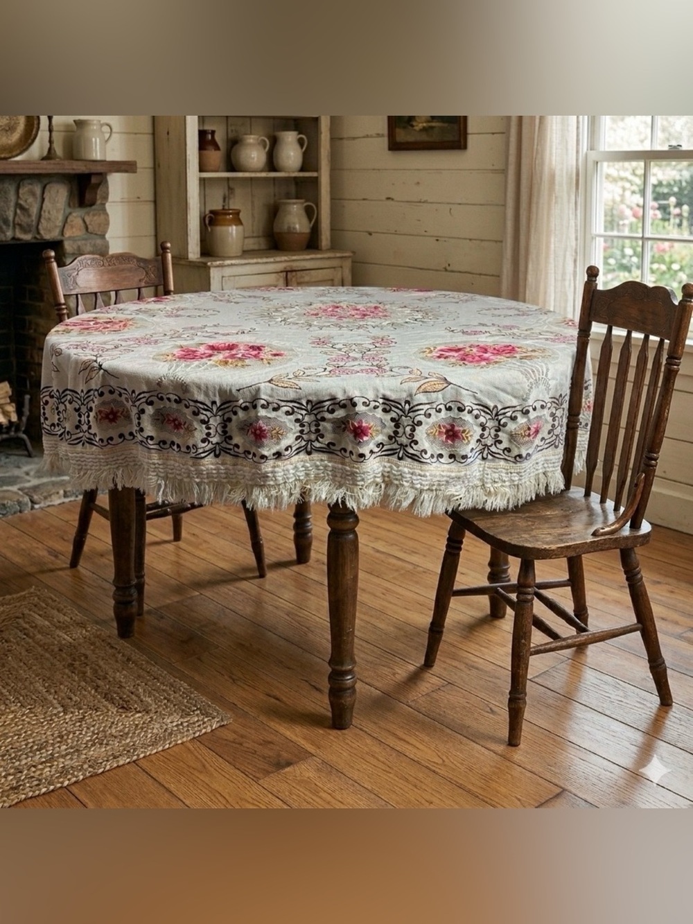 Vintage Floral Lace Round Tablecloth w/ Fringe Trim Cottage Chic Cottagecore 64”